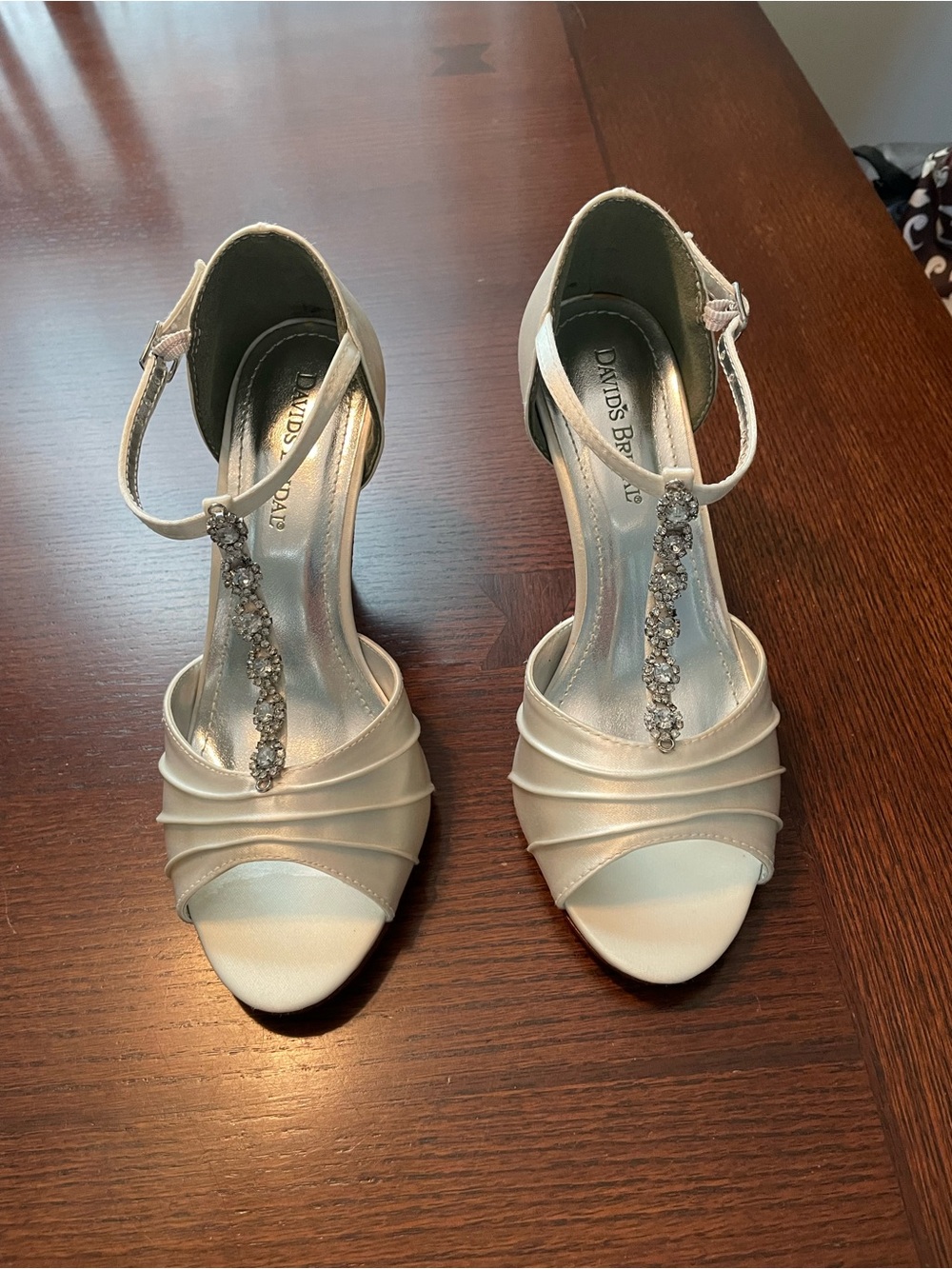 David's Bridal Ivory Satin T-Strap Rhinestone Heels